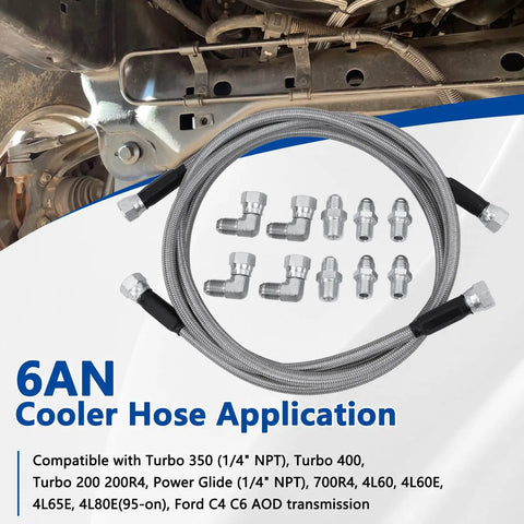 6AN 52 Inch Transmission Cooler Hose Line Kit with stainless steel braided PTFE lines and fittings for GM Chevy Ford GMC
