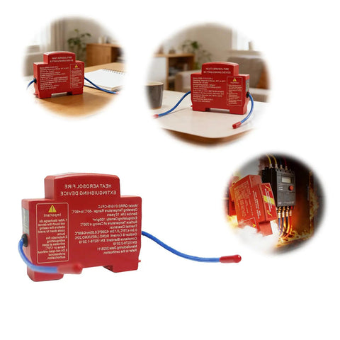 Automatic Din Rail Fire Extinguisher With Dual Nozzle Heads And Smart Heat Trigger For Electrical Panels, compact size with installation detail.