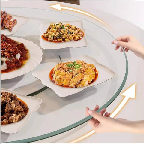 Massive 47 Inch Clear Tempered Glass Lazy Susan Turntable With Killer Smooth Swivel Rotation displaying assorted dishes for sharing.