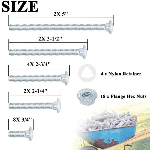Built Tough As Nails Wheelbarrow Handle Nut And Bolt Replacement Kit Packing 18 Piece with various sizes and blue wheelbarrow.