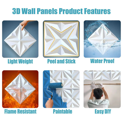 3D Wall Panels showing light weight, peel and stick, waterproof, flame resistant, paintable, easy DIY features