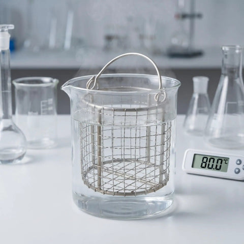 Stainless Steel Ultrasonic Cleaner Basket With Fine Mesh And Swinging Handle Fits Standard Tanks submerged in water at 80°C.