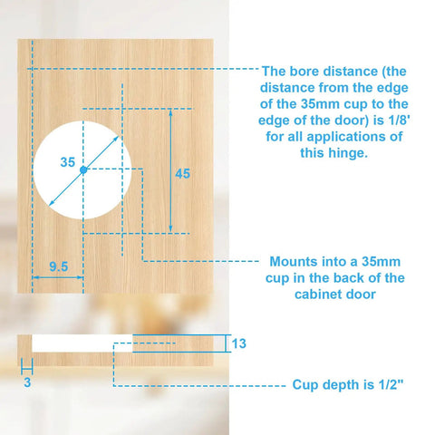 Diagram showing dimensions for Eight Pack Cabinet Hinge Replacement Set For 110 Degree Compact 33 Hinges, 35mm cup size.