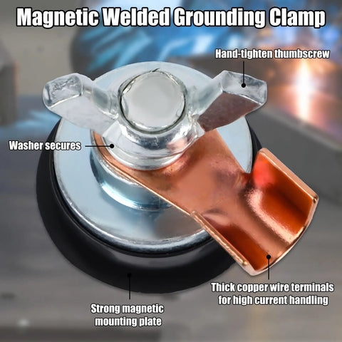 Top view of Pro Grade Magnetic Grounding Welding Clamp with adjustable magnet, showing hand-tighten thumbscrew and copper wire terminals.