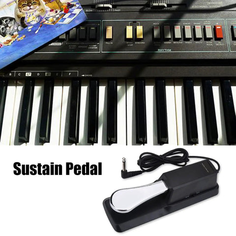 Universal Keyboard Sustain Pedal for Digital Pianos next to an electronic keyboard with slip-proof base.