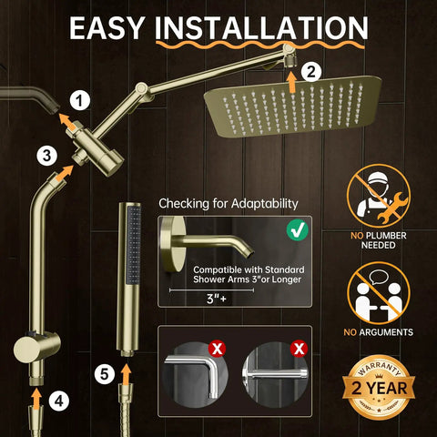 Top Grade 10 Inch Brushed Gold Rainfall Shower Head With Adjustable Handheld Sprayer Heavy Duty All Metal Build installation guide image.