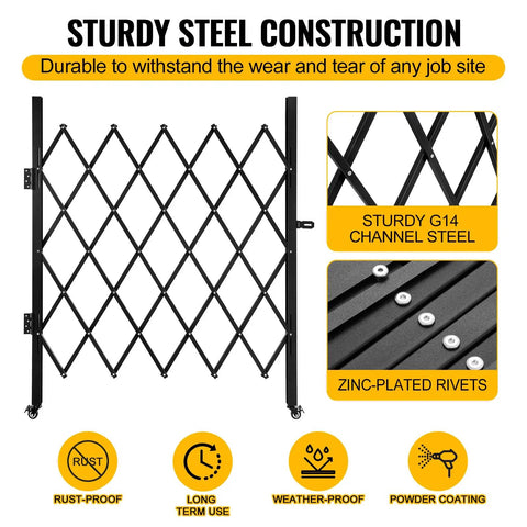 Premium Expandable Garden Fence And Portable Barricade Gate Made From Solid Heavy Duty Steel With Smooth As Butter Rolling Caster Wheels for sturdy steel construction and zinc-plated rivets.