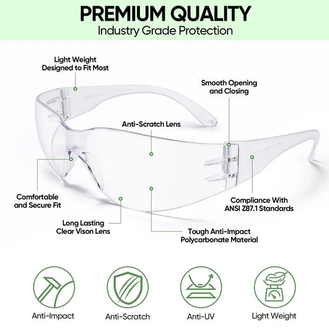 Heavy Duty 3 Pack Clear Safety Glasses With Scratch Resistant Polycarbonate Lens, showing lightweight design and anti-scratch feature.