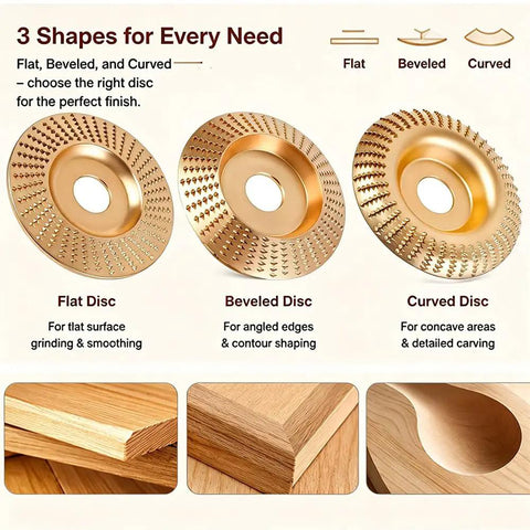 All In One Woodworking Disc Kit for 4 Inch or 4 and a Half Inch Angle Grinders with flat, beveled, and curved carving discs