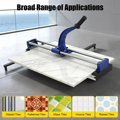 Heavy-Duty Manual Tile Cutter 31 Inch For Ceramic And Porcelain Tiles With Tungsten Blade and Rail Guides shown cutting a large tile.