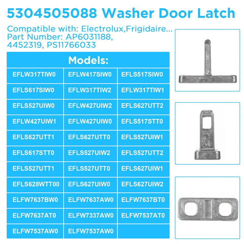 Washer Door Latch Replacement For Electrolux And Frigidaire 5304505088 Door Strike Fix, metal part in three views