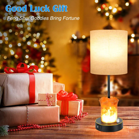 Two Pack Farmhouse Style Table Lamps With Himalayan Salt Lamp Night Glow 3 Way Dimmable Bedside Lighting in Christmas setting