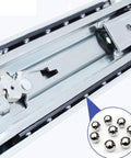Heavy Duty Drawer Slides One Pair Telescopic Ball Bearing Tracks showing ball bearings and locking mechanism close-up.