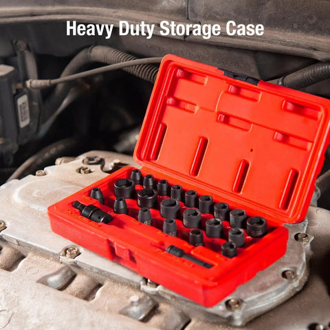 Magnetic Impact Socket Set For One Quarter Inch Drive And Metric 23 Piece Chrome Moly Steel with red storage case