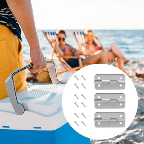 Stainless Steel Cooler Hinges Kit For Igloo Ice Chests 50 to 165 Qt 3 Pack With 12 Screws Replacement Parts on a beach