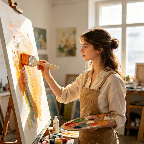 Person using flat painting brush on canvas in art studio, showcasing technique with Flat Painting Brush Set For DIY Home Projects And Crafting 7.87 Inch By 1.96 Inch Flat Shader With Wooden Grip Stain Brush And Wall Applicator For Clean Finish High Density Shed Proof Synthetic Bristles With Heavy Duty Ferrule.
