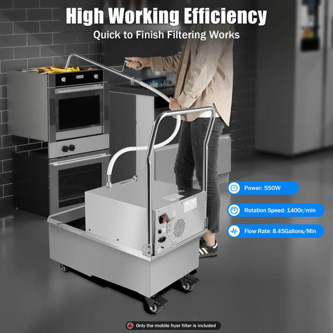 Mobile Fryer Oil Filter Machine 550W 110V Stainless Steel Commercial Kitchen Cart With 55L Capacity Heavy Duty Cooking Oil Separator near fryer.