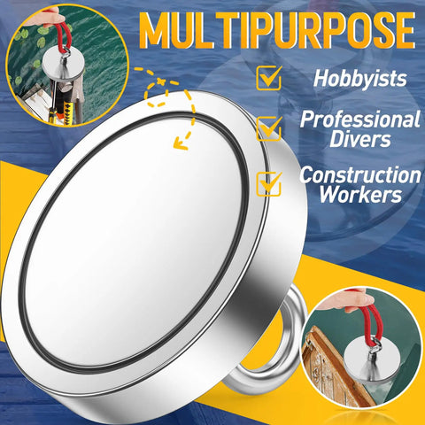 Heavy Duty Fishing Magnet Set With 1600 Lbs Pulling Power, showing multipurpose use for hobbyists, divers, and workers