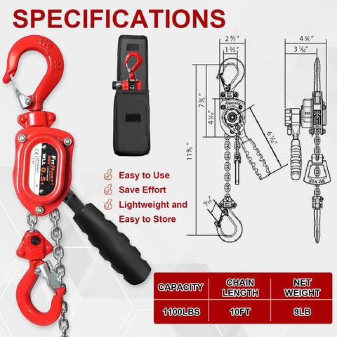 Front view of red FITHOIST manual lever chain hoist, 1100 lbs capacity, 10 ft lift, rotating hook.