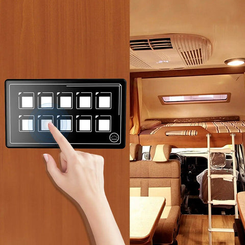 Universal 10 Button Membrane Switch Panel With Bluetooth App Control in RV interior with a person touching the panel.