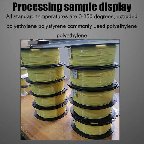 Workhorse Desktop 3D Printer Filament Extruder Maker With Crisp Digital Screen And Hassle Free Pellet Feed System For Churning Out Clean Recycled Plastic Filament At Ridiculous Speeds showing yellow extruded filament spools stacked on a table.