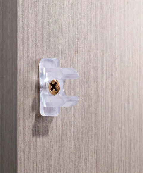 Clear plastic clip with screw installed on wood surface for False Front Cabinet Clips With Screws Kit For Kitchen Cabinets And Drawer Fronts