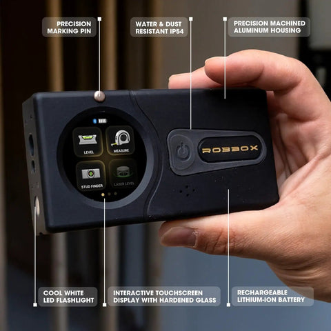 Dual Laser Distance Meter With Two Axis Smart Digital Level And Stud Finder Sennses Pro Portable Measuring Tool For Home Renovations Area And Volume Calculations Metric And Imperial IP54 Dust And Water Resistant App For iOS And Android black aluminum housing with touchscreen