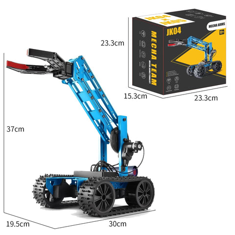 4DOF kids STEM robotic arm kit with box and dimensions shown