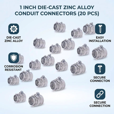 Heavy Duty 20 Piece 1 Inch Squeeze Conduit Connectors For Fmc Electrical Systems Die Cast Zinc Alloy With Reverse Locking Nut for 1 inch connectors.
