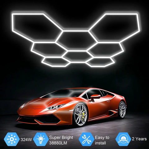 Hexagon Garage Light With Ultra Bright 38880 Lumen Output, 6500K Daylight White fixture, installed above a sports car