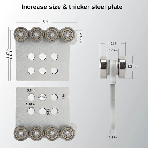 Beefy 8 Wheel Beam Trolley Assembly For Unistrut 1-5/8 Inch Wide Taller Channel Track, side view showcasing dimensions.