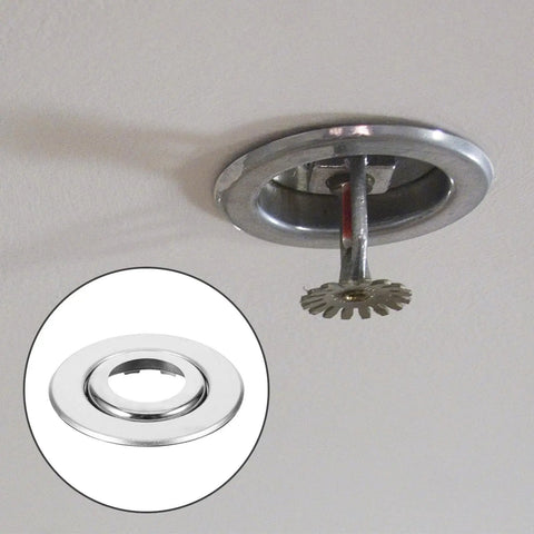 30 Pcs Stainless Steel Fire Sprinkler Cover Plates With Slick Silver Dual Disc Design, ceiling installation view showing sprinkler head.