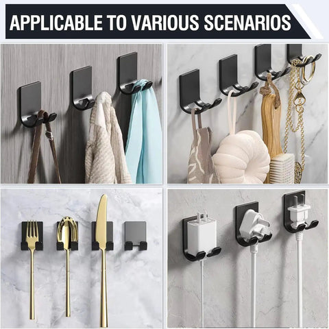 Heavy Duty Self Adhesive Razor Holder And Shower Hook Set In Stainless Steel Stick On Wall Hangers shown with various items.