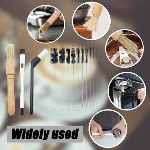Natural Wood Nylon Coffee Brush Set, 13-Piece Espresso Machine Cleaner Kit with bristle tools for barista.