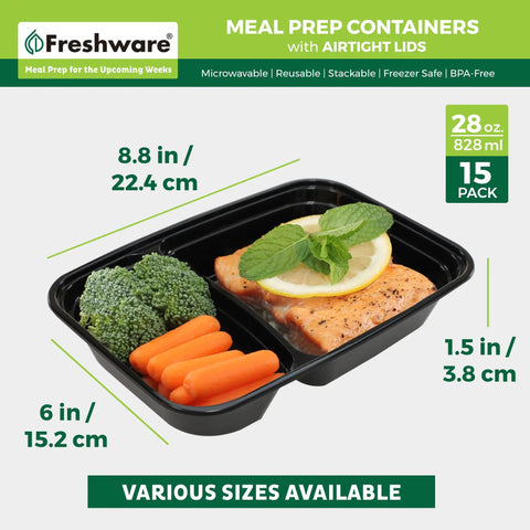 Top Tier Meal Prep Setup, Two Compartment Bento Boxes With Secure Lids, 15 Pack Stackable, 28 oz container with salmon and vegetables.