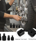 Sturdy Black Socket Adapter Set That Actually Holds Tight For Car Repairs And Tool Needs With High Torque Steel Design To Bust Through Rusted Bolts Quickly Without Slipping Or Failing. Black tool steel socket adapters on a car wheel