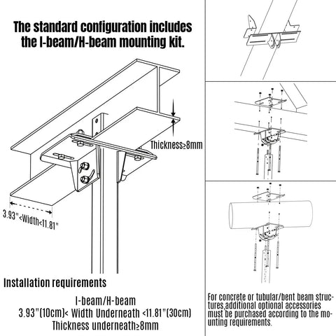 Heavy Duty 16Ft Hvls Industrial Ceiling Fan With 208 240V Three Phase mounting kit diagram showing I-beam specifications.