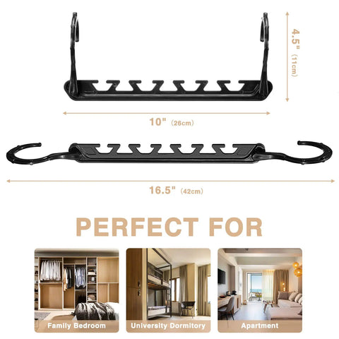 Magic Hangers Space Saving No Brainer 10 Pack Upgraded Sturdy Smart Space Saver Hangers with black hooks for closet organization.