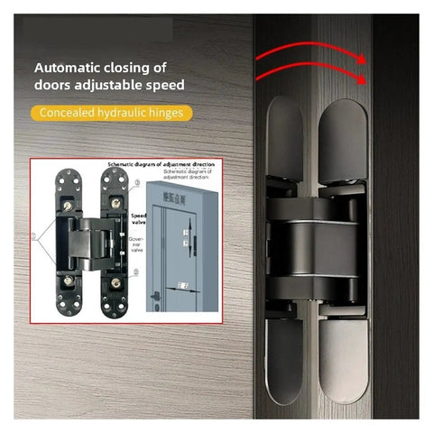 Heavy Duty Hydraulic Concealed Door Hinge Featuring Buttery Smooth Silent Auto Closing Built For Wooden Doors And Offices with speed adjustment.