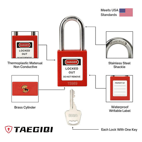Heavy-Duty Lockout Tagout Station Kit With 4 Brass Cylinder Safety Padlocks, Hasp And OSHA Compliance Tags, All-In-One LOTO Board For Industrial Safety showing a red safety padlock with labeled components such as stainless steel shackle and thermoplastic body.