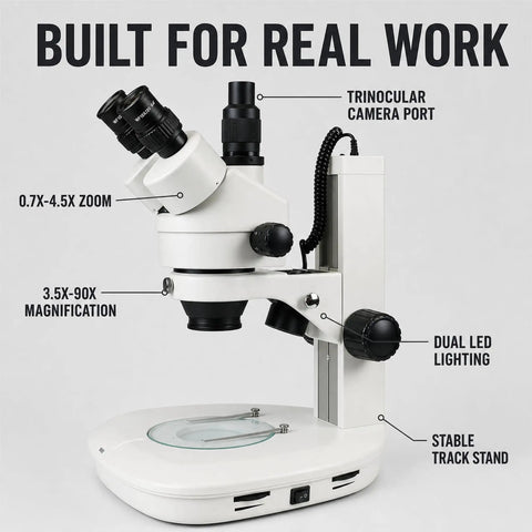 Trinocular Stereo Zoom Microscope 3.5X To 90X With Dual LED Illumination And 45 Degree Inclined Head, 360 Degree Rotating Ocular Tubes, Diopter Adjustment For Both Tubes, Long Life Cool LED Lighting With Adjustable Intensity. White benchtop microscope with trinocular camera port and dual LED lights