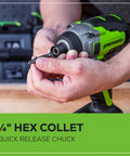 Person holding 24V Brushless Cordless Impact Driver Kit With 2650 Inch Pounds Torque, Quarter Inch Hex, quick release chuck