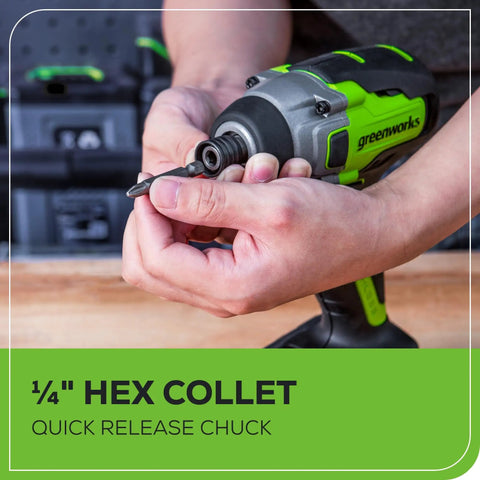Person holding 24V Brushless Cordless Impact Driver Kit With 2650 Inch Pounds Torque, Quarter Inch Hex, quick release chuck