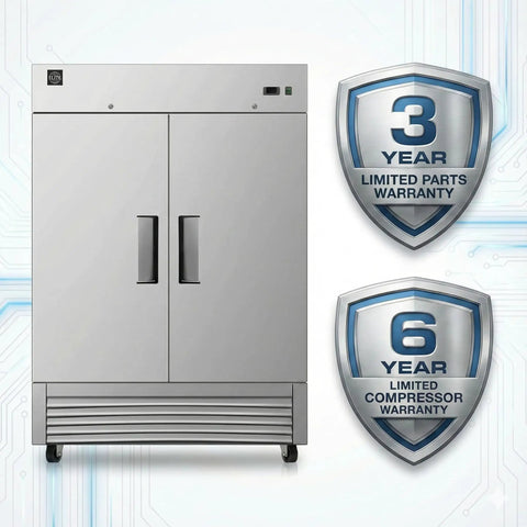 Heavy Duty Commercial Freezer Two Door Upright Reach In Stainless Steel NSF Certified 47 Cubic Feet with warranty details visible.