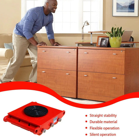 Heavy Duty Machinery Mover Skate Dolly With 15T Capacity, red industrial transport roller, helping to move large furniture.