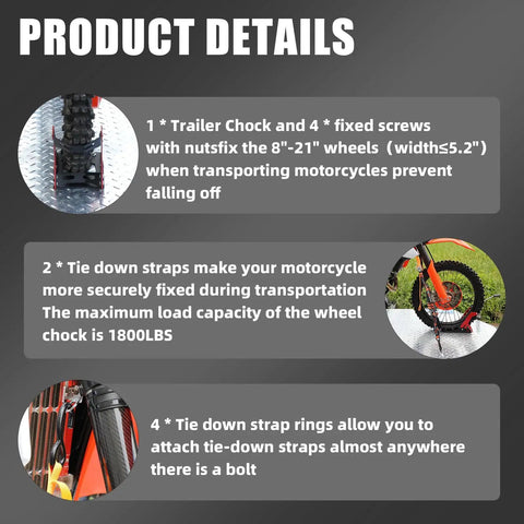 Foldable Motorcycle Wheel Chocks With Tie Down Strap, 1800 Lbs Capacity, Universal For 8 To 21 Inch Wheel, image showing usage instructions and details