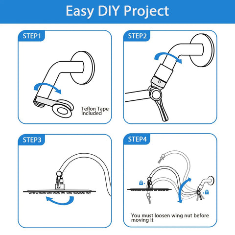 Installation steps for 16 Inch Stainless Steel Shower Arm Extension With 360 Degree Rotation At Both Ends, showing DIY process.