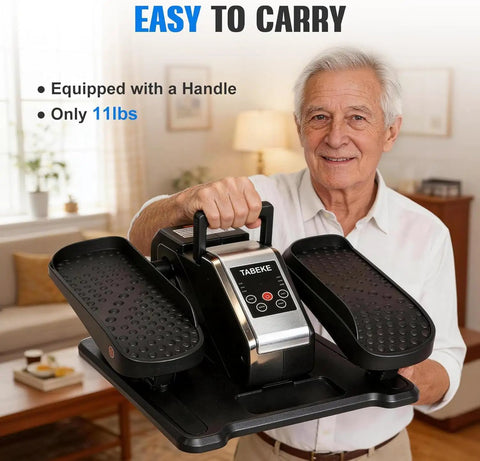 Senior man holding Under Desk Elliptical Workout Machine With Remote, 12 Speeds Quiet Seated Pedal Exerciser for home or office use.