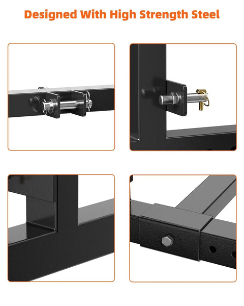 Close-up details of Heavy Duty 1500 Lb 3 Point Hitch Pallet Fork Attachment for Category 1 Tractors showing steel frame and bolts.
