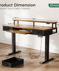 Electric Standing Desk With Drawers And Keyboard Tray, 55 Inch Height Adjustable Gaming Desk showing dimensions and rustic brown finish.